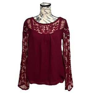 Vtg Y2k Retro Xhilaration Burgundy Lace Tunic Blouse Dark Coquette Preppy Boho L